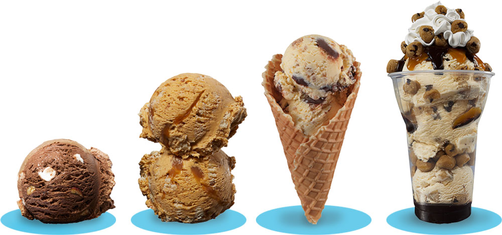 Sample the perfect dessert with our four servings of ice cream: a scoop of chocolate, two scoops of caramel, a waffle cone with caramel, and a sundae in a cup topped with whipped cream and cookies. Enjoy these treats from your favorite ice cream franchise!