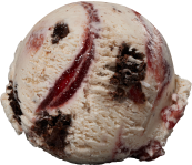 A scoop of ice cream with swirls of dark red fruit sauce and chunks of chocolate, perfect for any dessert lover.