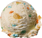 A scoop of white ice cream is studded with colorful candy pieces, making for a delightful dessert. Perfect for an ice cream franchise!