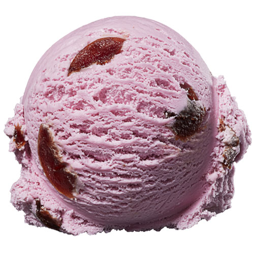 A scoop of pink cherry ice cream with chunks of cherries embedded in it, served as a delightful dessert.