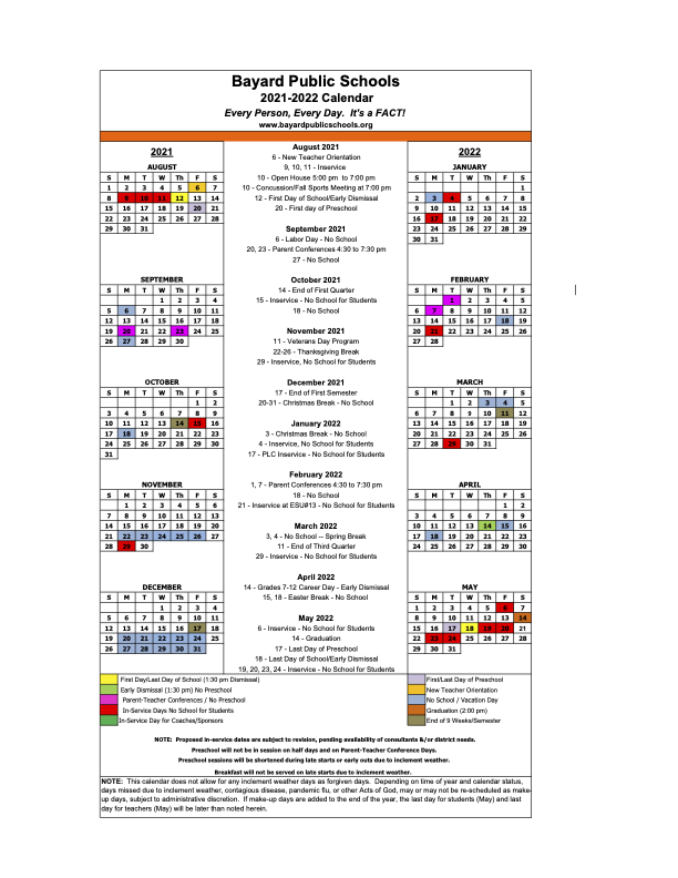 BAYARD SCHOOLS - 2021-2022 School Calendar