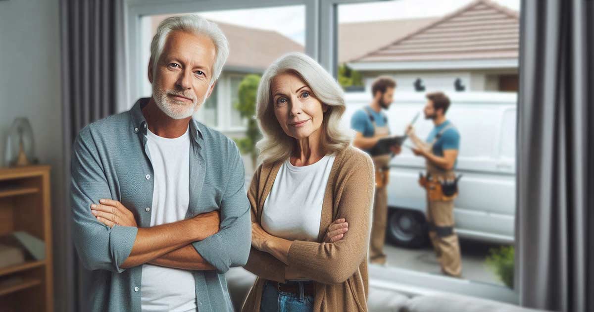 image of a middle aged couple in front of a window, installers in background