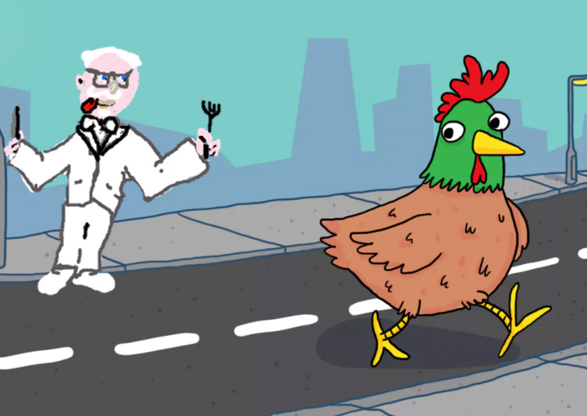 A chicken crossing the road to escape Colonel Sanders (The KFC Man)