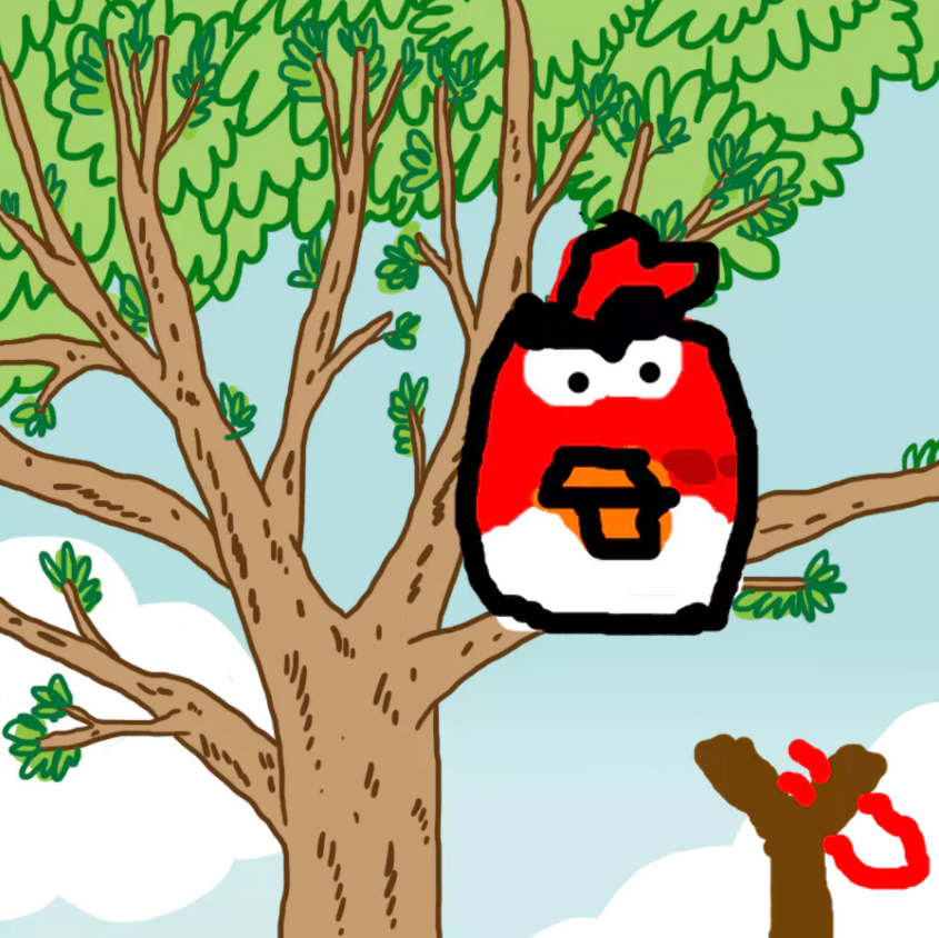 An Angry Bird stuck in a tree