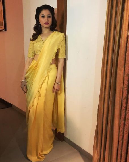 Beautiful Tamanna In Plain Yellow Saree And Blouse