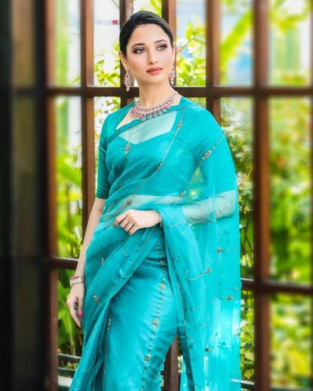 Tamana Bhatiya In Sea Blue Green Saree And Blouse