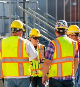 A group of field engineers meets during a walkdown of the Hydrolysate Storage Area.