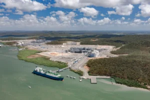 An LNG ship arrives at the Queensland Curtis LNG project.