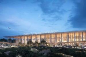 Rendering of the front exterior view of Western Sydney Airport.