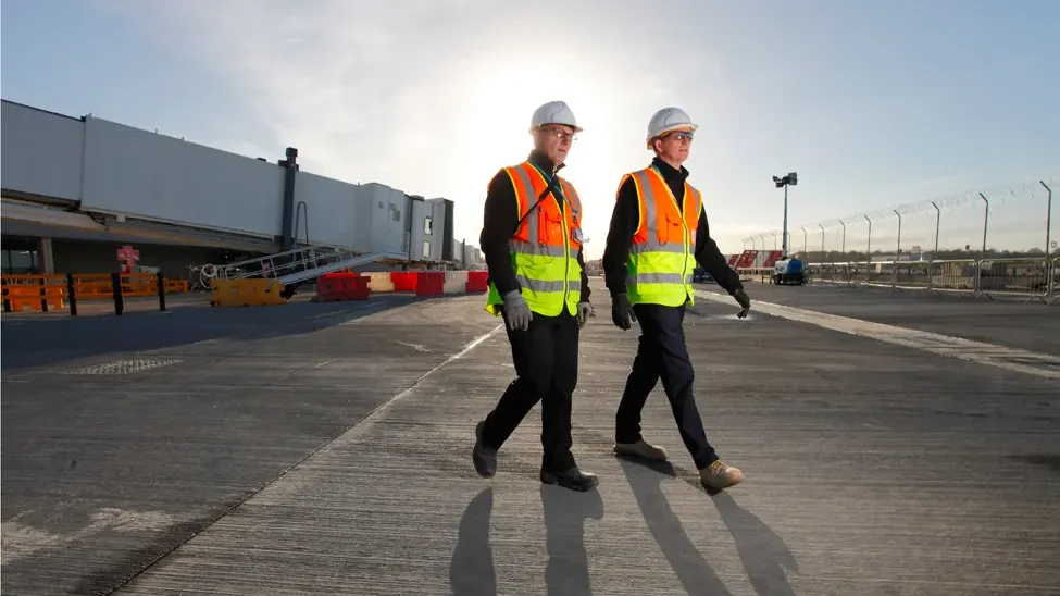 Two men walk together at jobsite.