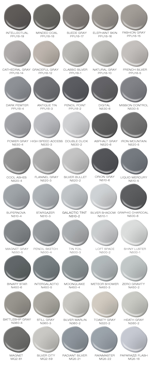 Fifty paint spills showcasing different tones of gray.