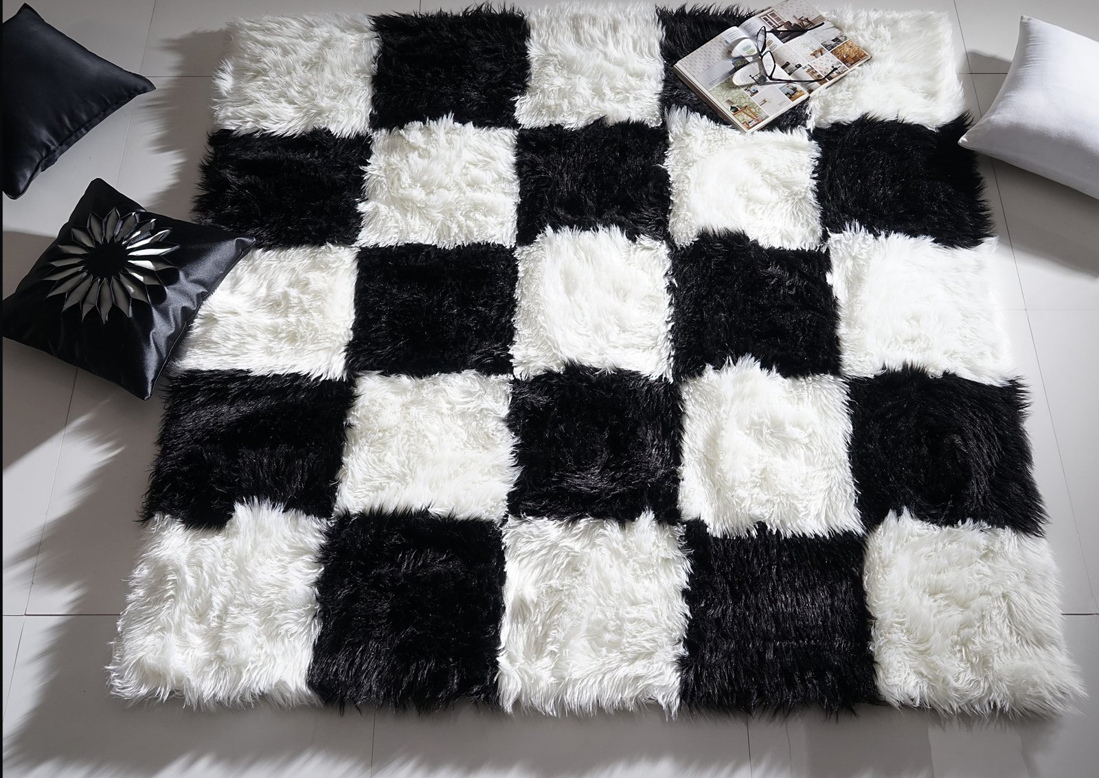 White & Black Checks Fur Rug