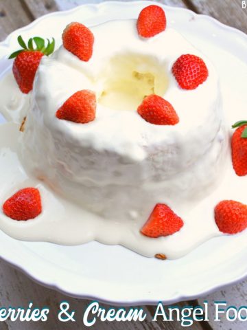 Strawberries and Cream Angel Food Cake is a semi-homemade dessert that is ready in under 10 minutes with a store-bought cake, instant pudding, and cool whip.