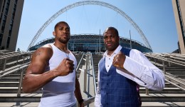 Anthony Joshua and Daniel Dubois outside Wembley stadium as they announce their IBF World Heavyweight Contest scheduled for September 21 on June 26, 2024 in London England.