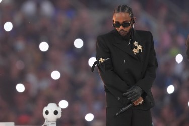 Kendrick Lamar performs in the Pepsi Halftime Show during the NFL Super Bowl LVI football game between the Cincinnati Bengals and the Los Angeles Rams at SoFi Stadium on February 13, 2022 in Inglewood, California.