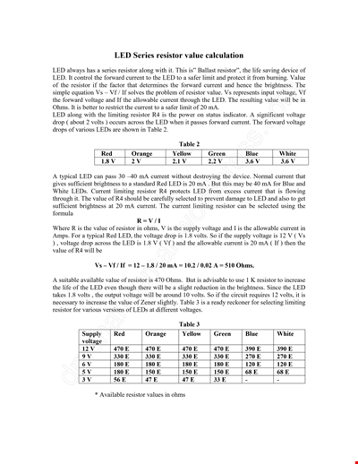 Calculation Resistor Value Chart For Led