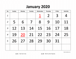 Free Download Printable January 2020 Calendar, large font design ...