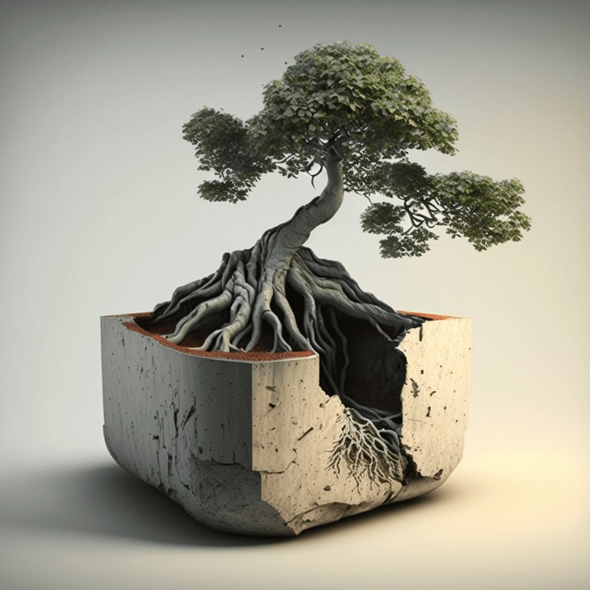 Bonsai in a concrete pot, generated by AI