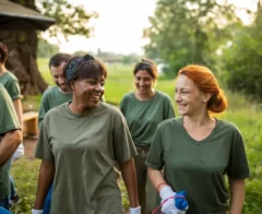 A group of volunteers outside cleaning up a park.