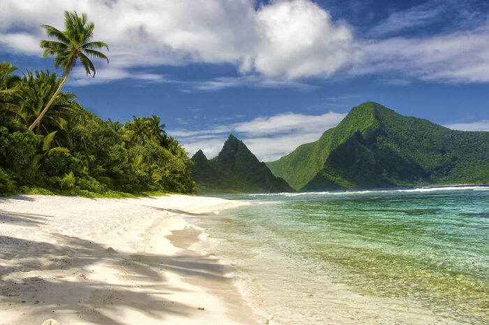 shore with green mountains and palms on the background