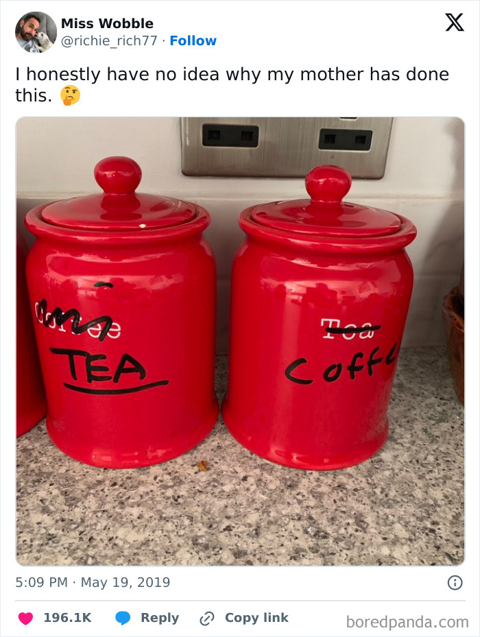 Red jars mislabeled as "Tea" and "Coffee," representing lazy-infuriating-people humor.