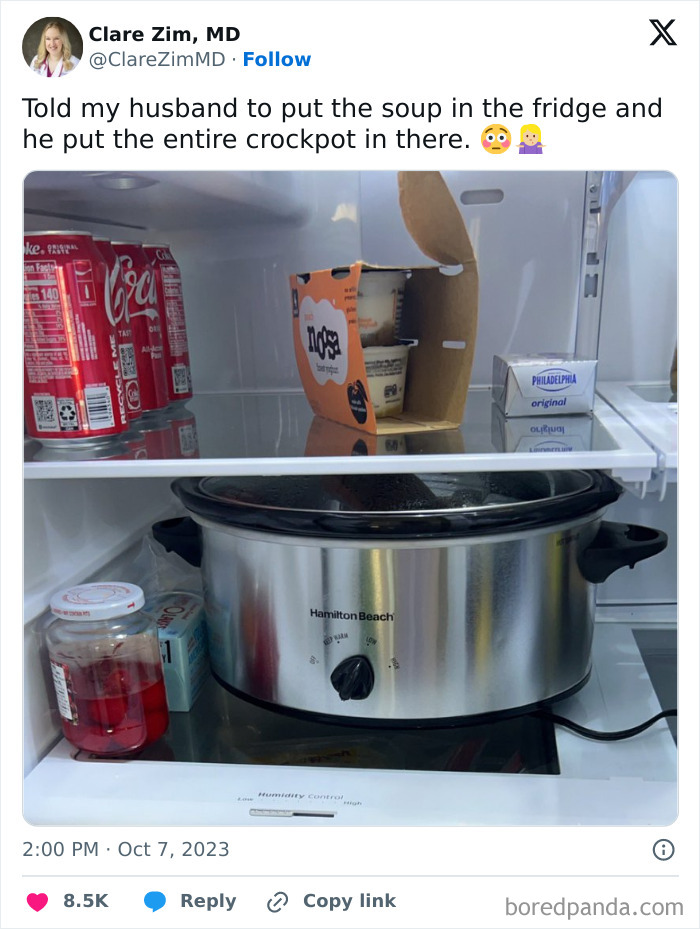 Crockpot placed inside a fridge with drinks and yogurt, illustrating lazy infuriating people.