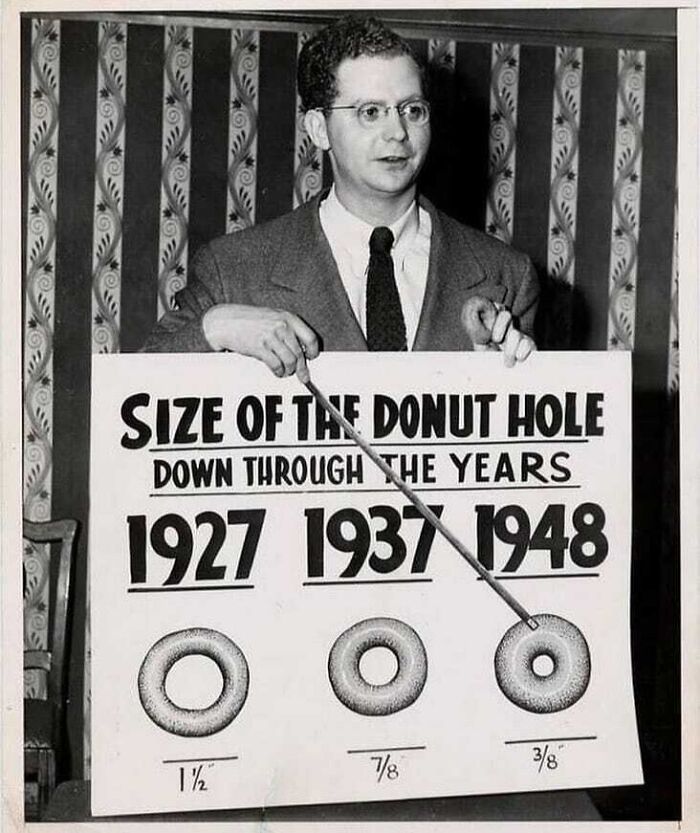 Man presenting a historical chart on donut hole sizes from 1927 to 1948, illustrating changes over the years.