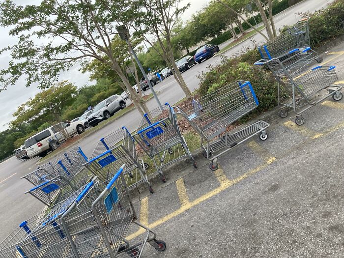 Shopping carts scattered in a parking lot, illustrating lazy-infuriating-people behavior.