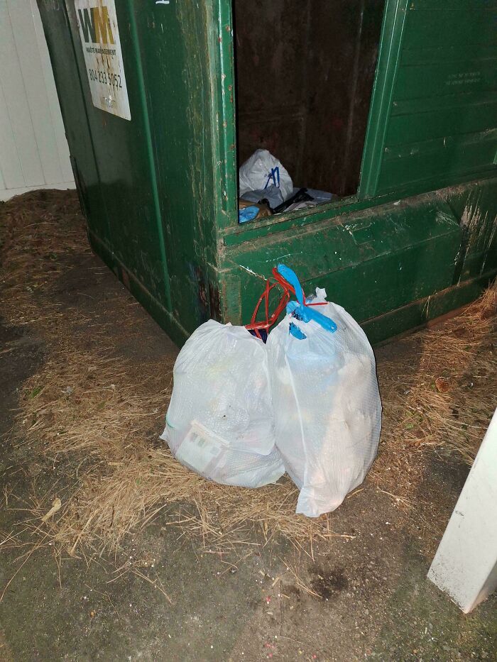 Trash bags placed outside a dumpster, highlighting lazy behavior.