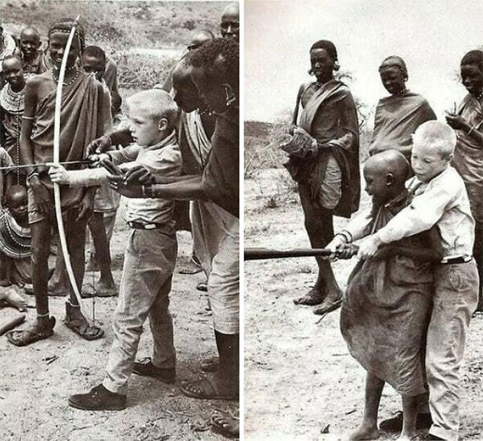 Historical pictures: A group of people teaching a child archery and spear skills in a cultural exchange setting.