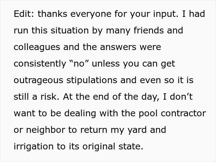 Text discussing the risks and stipulations of allowing neighbors yard use for construction access.