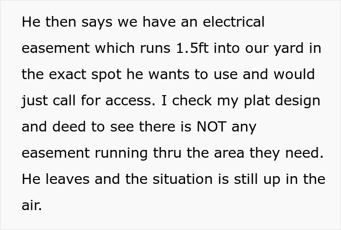 Text discussing neighbors, yard use, and an electrical easement disagreement.