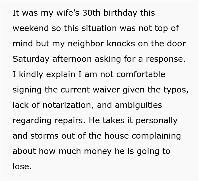 Text expressing concerns about signing a waiver related to a neighbor's yard use, due to errors and legal issues.