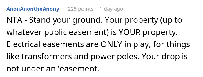 Reddit comment discussing property and easement rights related to neighbors-yard-use.