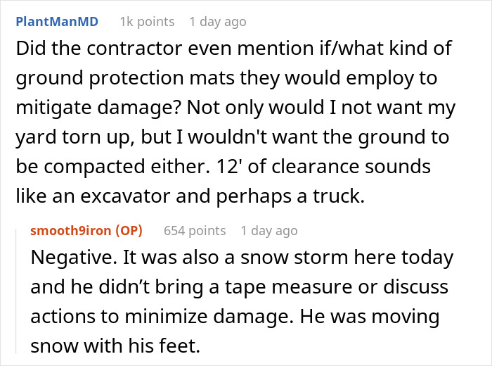 Discussion about neighbors-yard-use concerns, including ground protection and damage mitigation during a snowstorm.