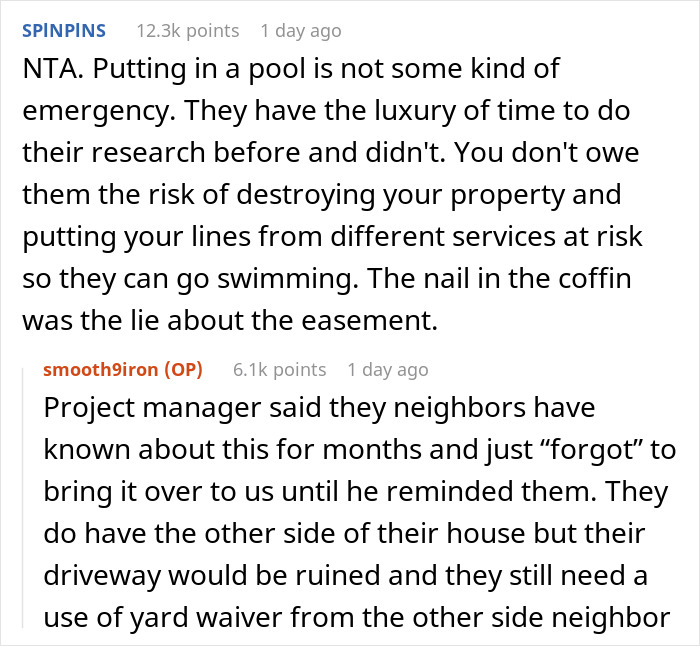 Reddit discussion about neighbors' yard use and easement issues related to a pool installation.