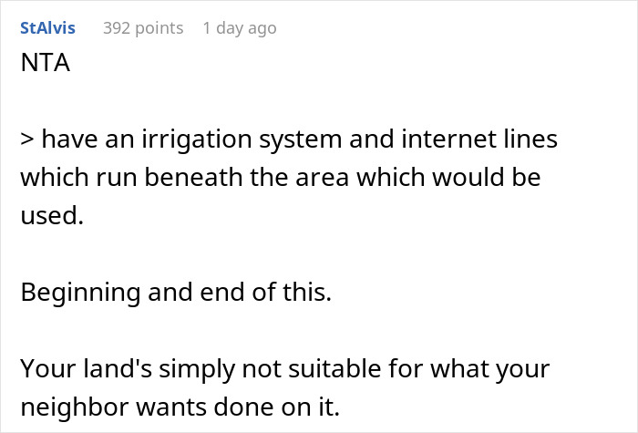 Text post discussing a neighbor's yard use issue with reasons why the land is not suitable for shared usage.