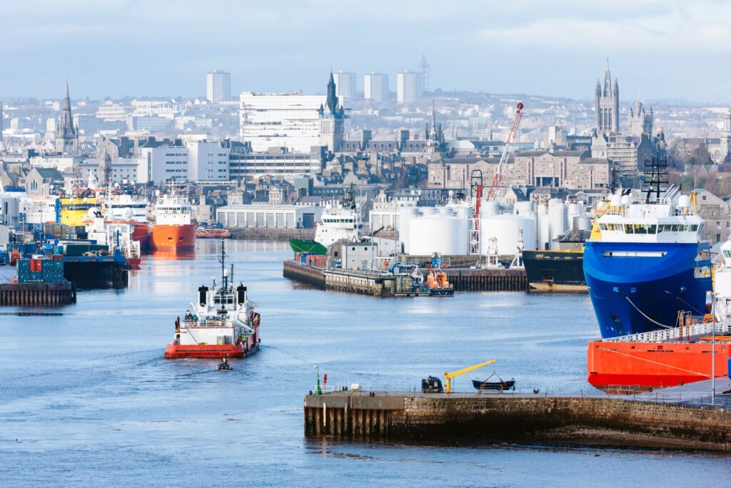 Boats fill Aberdeen harbour in Scotland 