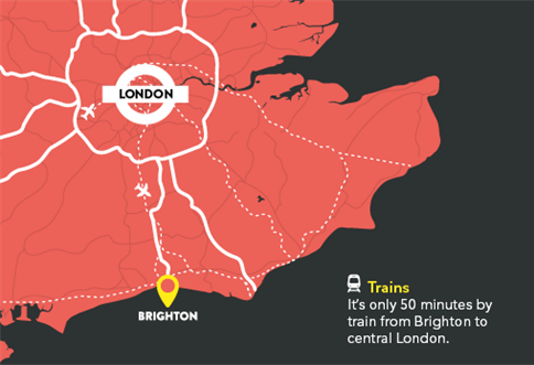 Map showing distance to London from Brighton