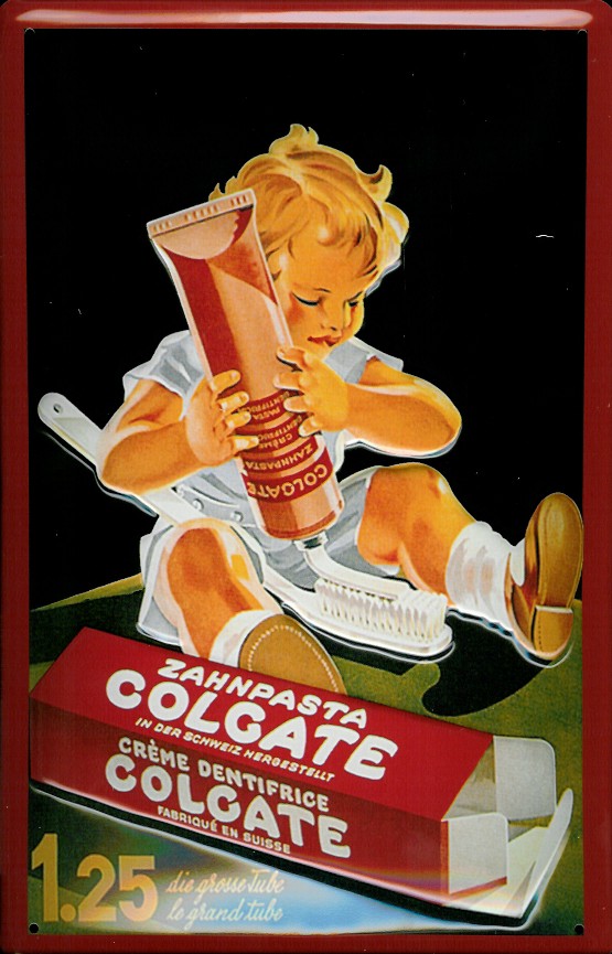 Blechschild Colgate Zahnpasta Kind Tube Zahnbürste Schild retro Werbeschild Nostalgieschild