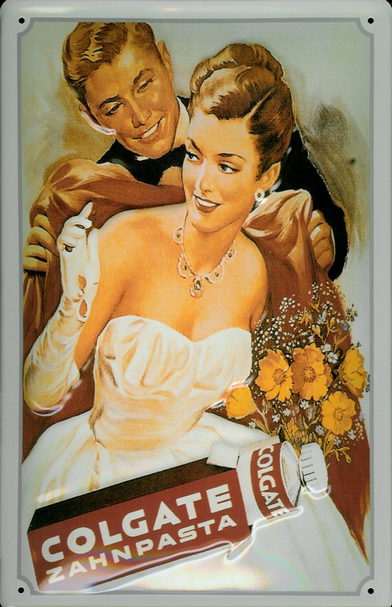 Blechschild Colgate Zahnpasta Dame Abendkleid Frau im Ballkleid Schild retro Werbeschild Nostalgiesc