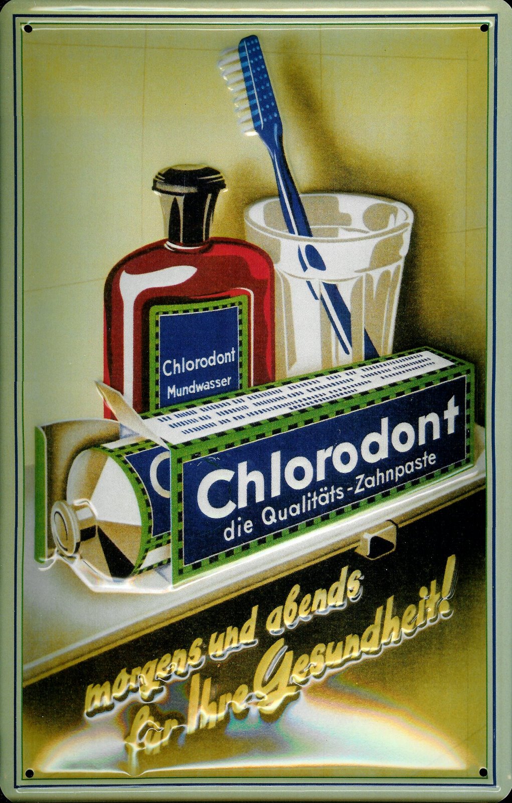 Blechschild Chlorodont Mundwasser Zahnpasta DDR VEB Leowerke Schild retro Werbeschild Ostalgie Ostpr