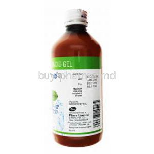 Mucaine Gel, bottle side presentation with information