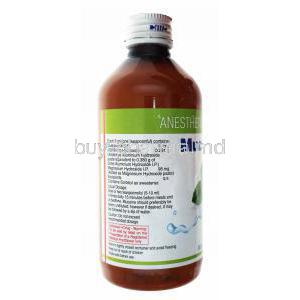 Mucaine Gel, bottle back presentation with information