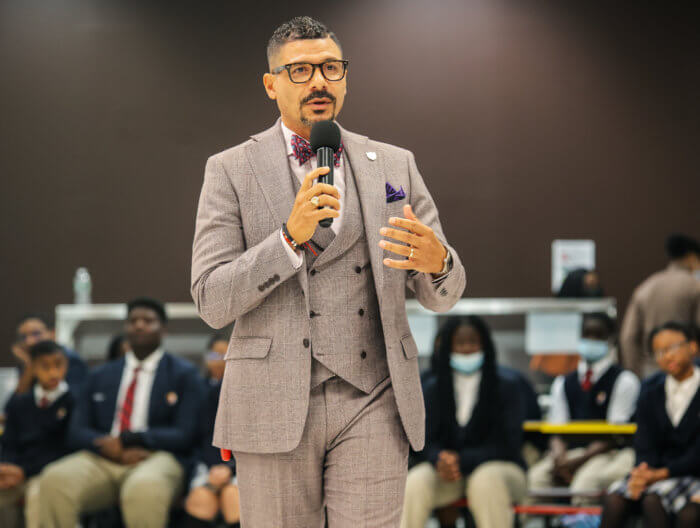 Steve Perry speaks during Sean "Diddy" Combs' visit at Capital Preparatory Bronx Charter School on Tuesday, Oct. 18, 2022.