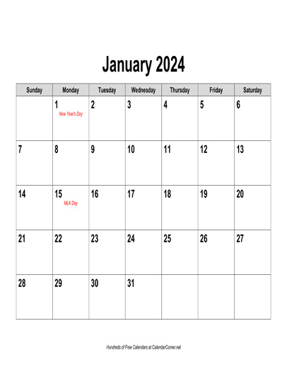 Free 2024 Calendar, Landscape with Holidays