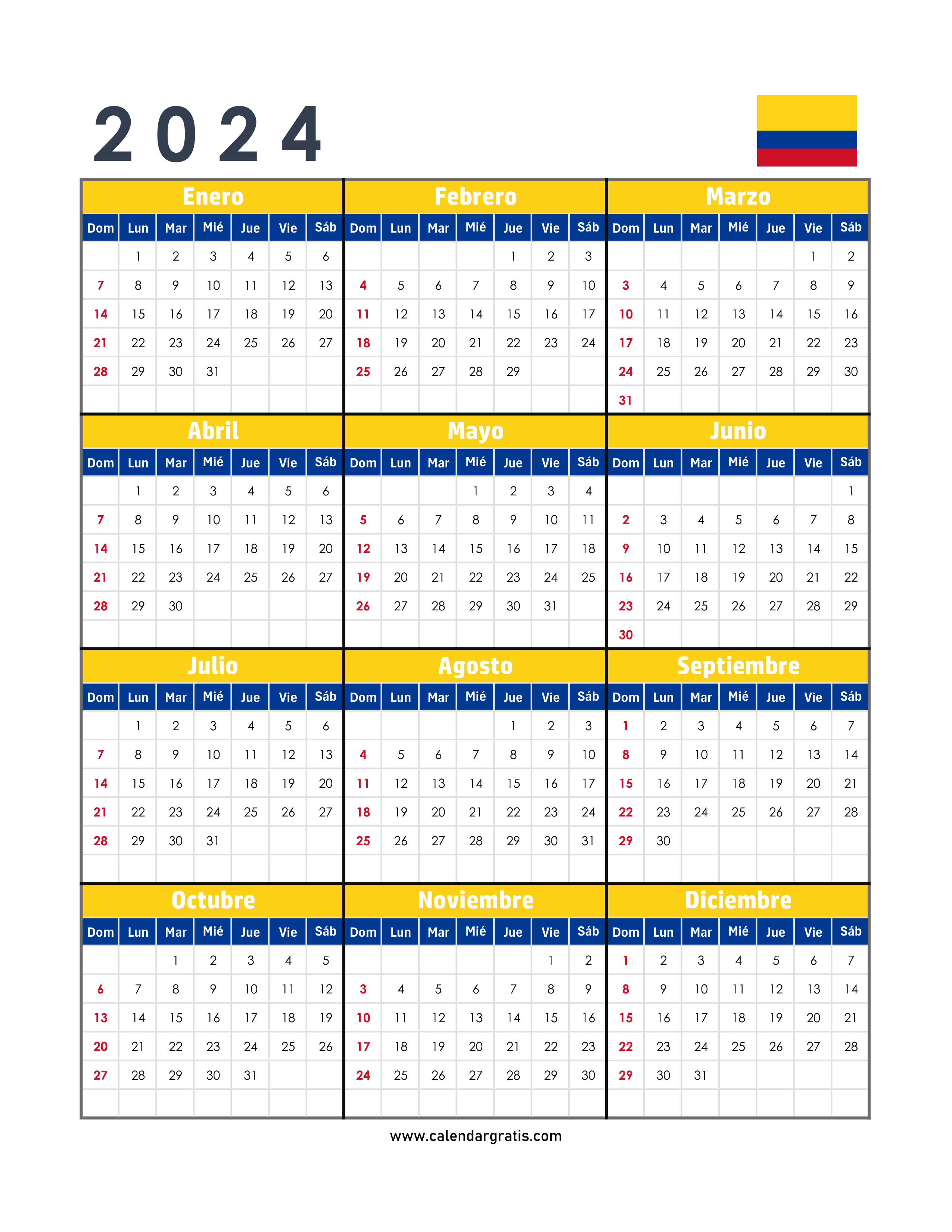 Calendario 2024 Colombia Para Imprimir