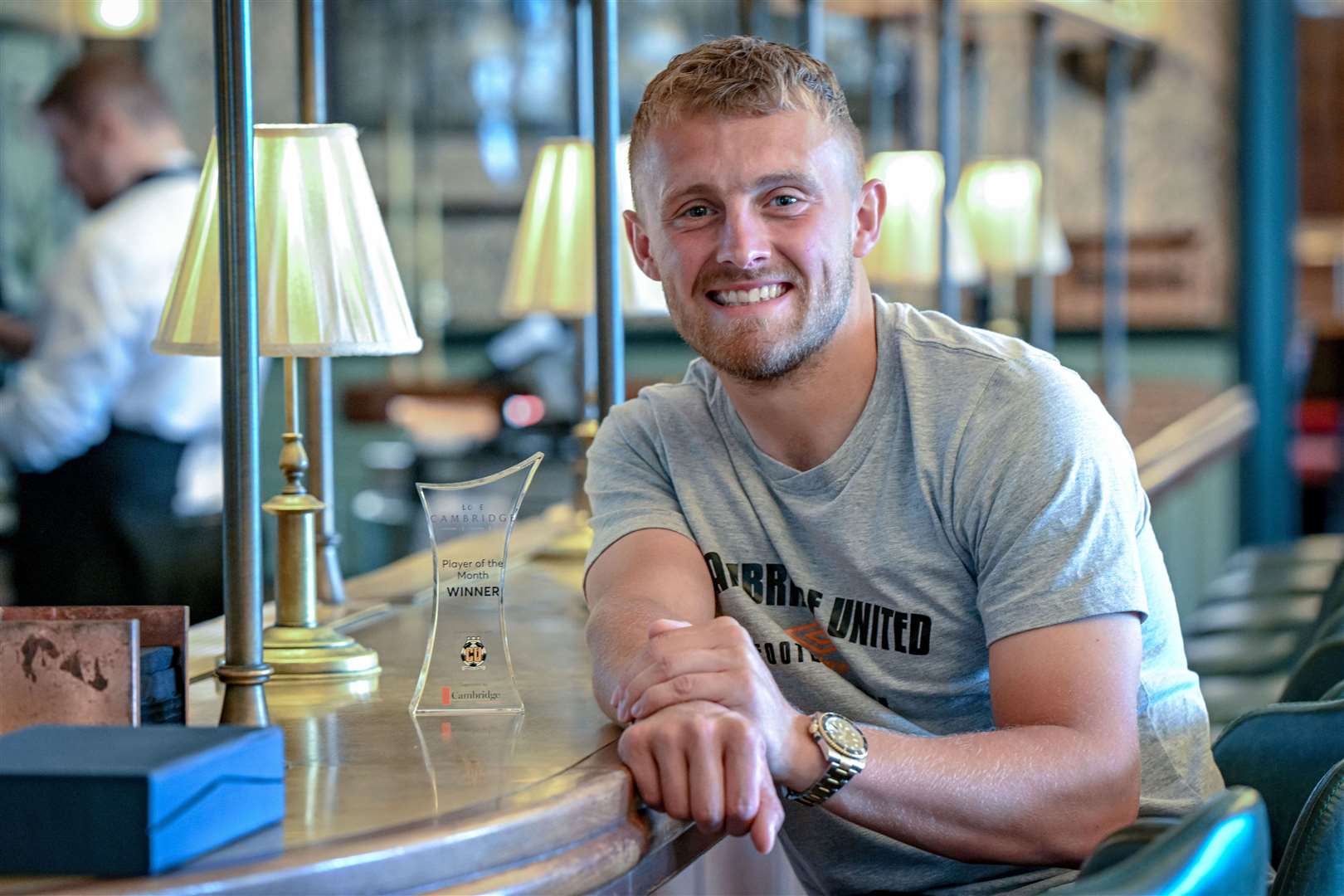 Love Cambridge Player of the Month, Cambridge United's George Thomas, with his award at Parker's Tavern in the city centre. Picture: Keith Heppell