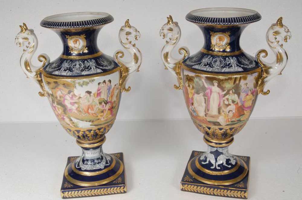 Pair German Pate Sur Pate Dresden Griffin Urns Porcelain