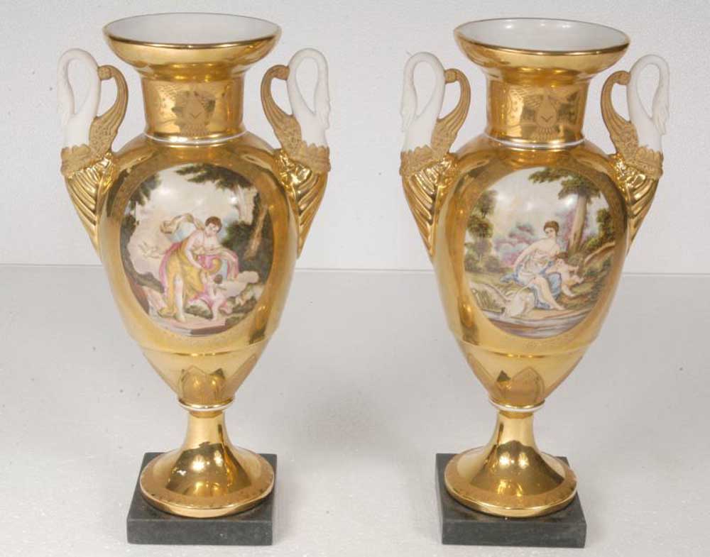 Sevres Porcelain Cherub Urns Bisque Swan Handles